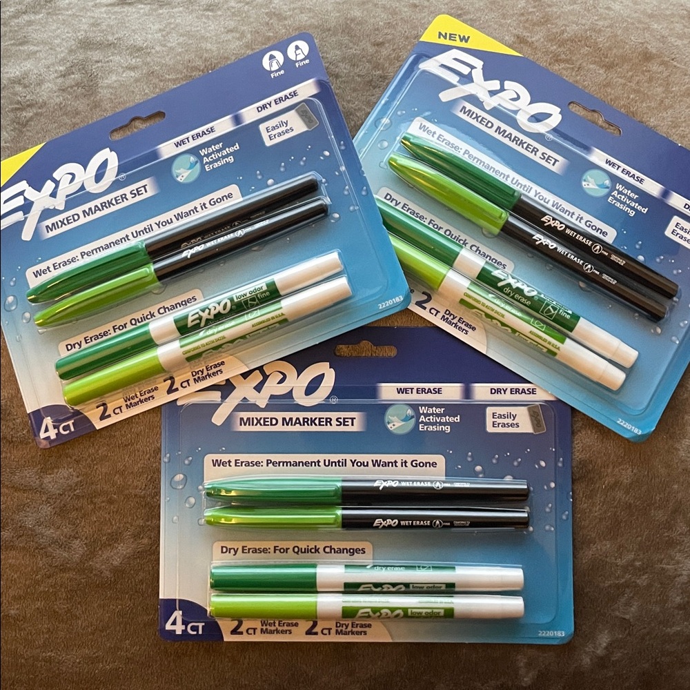 3 Sets •EXPO• Wet/Dry Erase Mixed Marker Set >> 4 markers light/dark green NWT